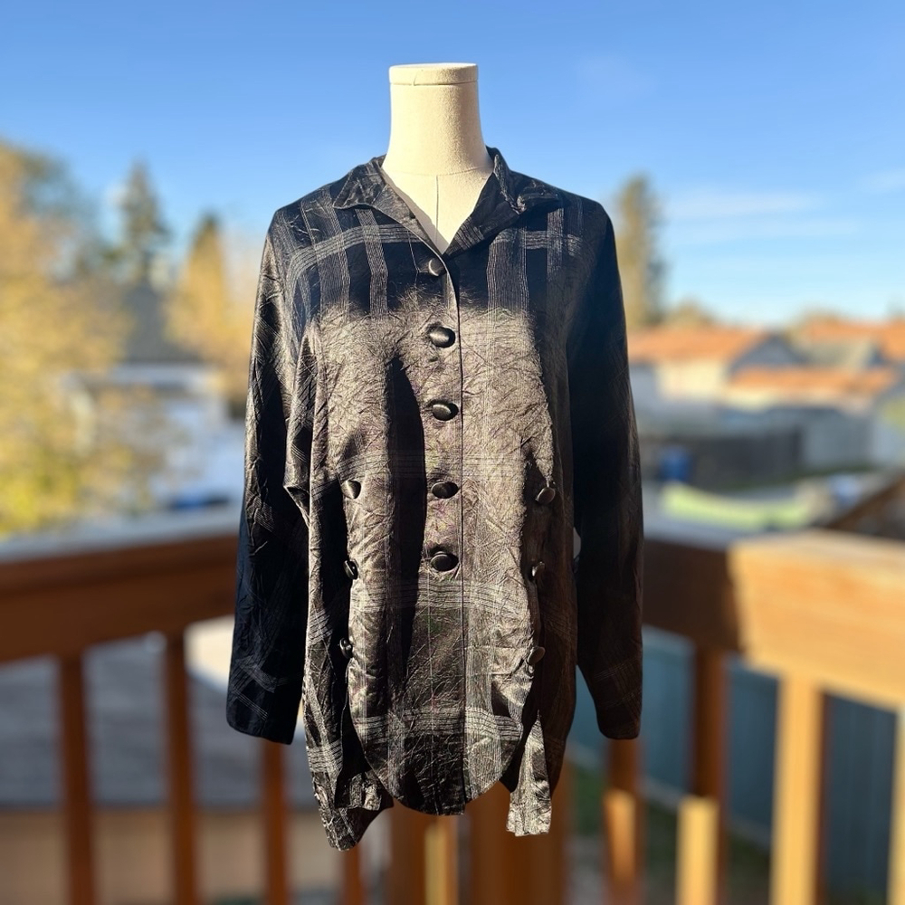 Joseph Ribkoff Black White Plaid Long sleeves Button-Up Satin Blouse Women Sz 8 - Picture 3 of 12